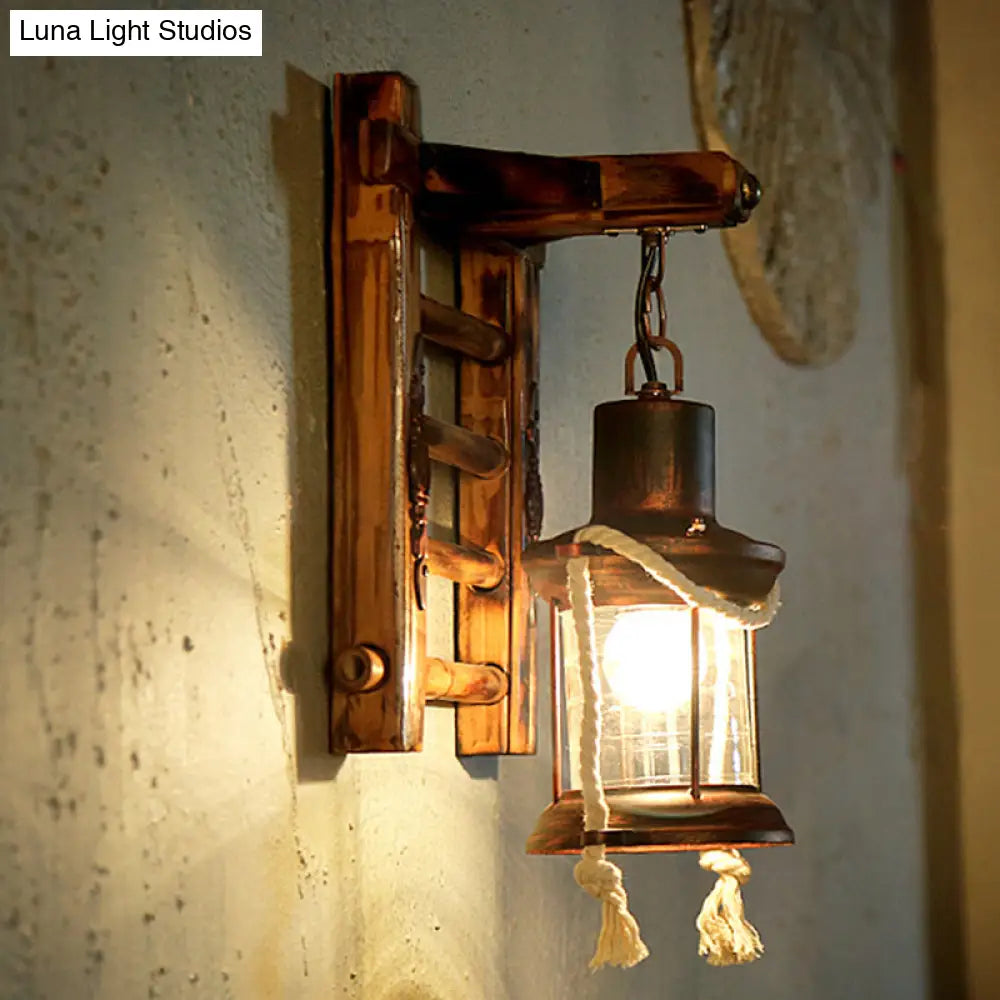 Vintage Clear Glass Wall Sconce With Antique Copper Cylinder Cage And Wooden Backplate - 1 Light
