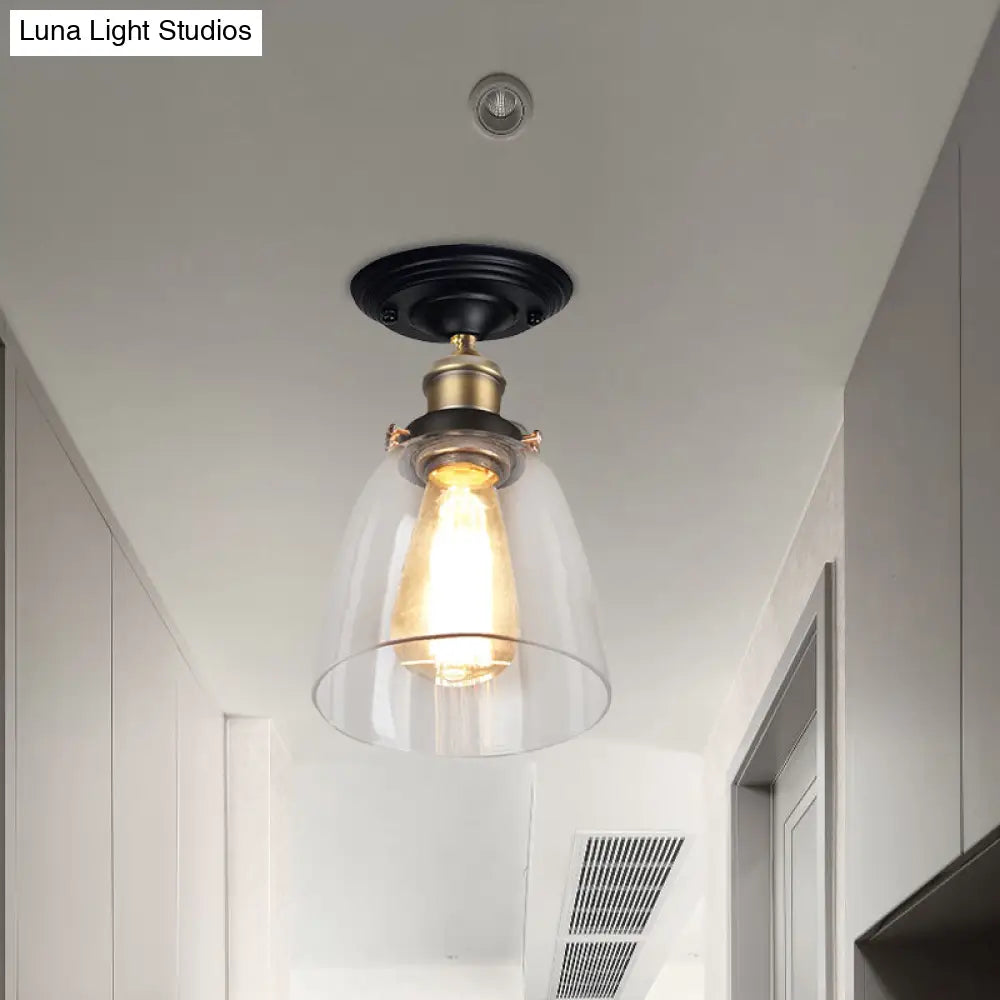 Vintage Cone Clear Glass Semi Flush Mount Light In Antique Brass – Ideal For Hallways