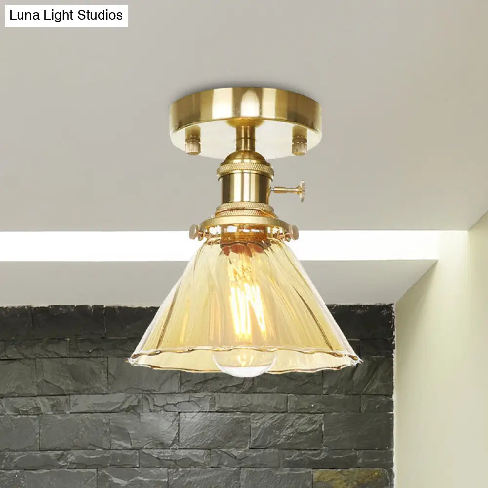 Vintage Cone Ruffle Glass Light Fixture With Clear/Amber Shade For Living Room