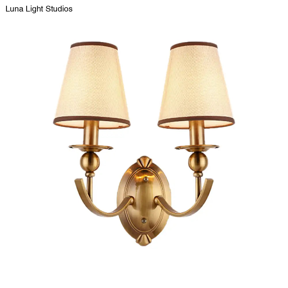 Vintage Conical Fabric Shade Wall Light Brass Sconce For Bedroom Lighting