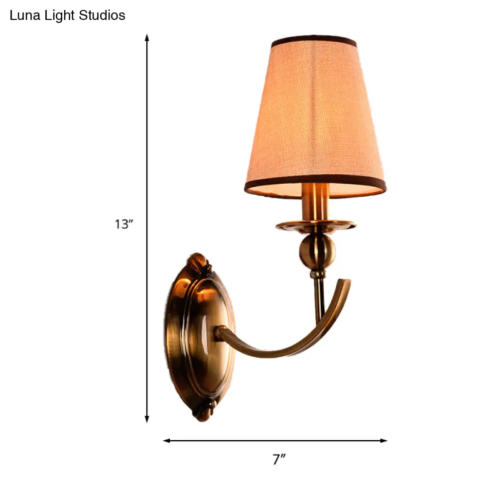 Vintage Conical Fabric Shade Wall Light Brass Sconce For Bedroom Lighting