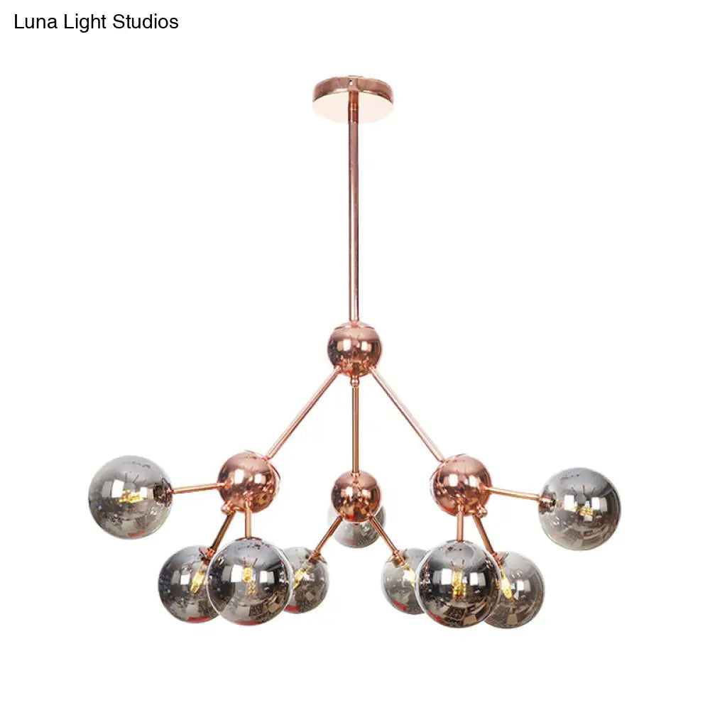 Vintage Copper Chandelier With Clear/Amber Glass Orb Shades - 3/9/12 Lights Branch Design