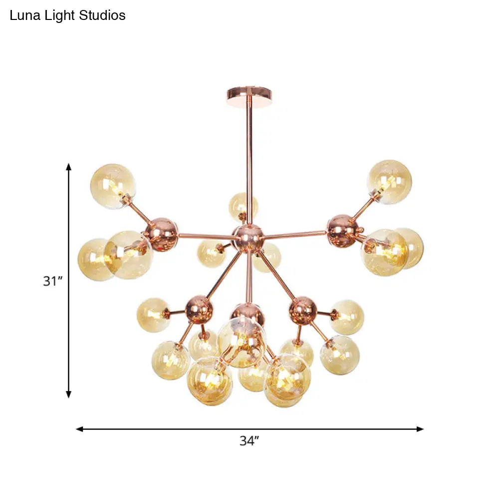 Vintage Copper Chandelier With Clear/Amber Glass Orb Shades - 3/9/12 Lights Branch Design