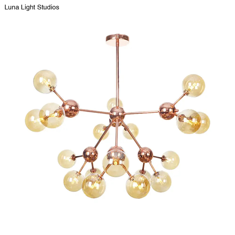 Vintage Copper Chandelier With Clear/Amber Glass Orb Shades - 3/9/12 Lights Branch Design