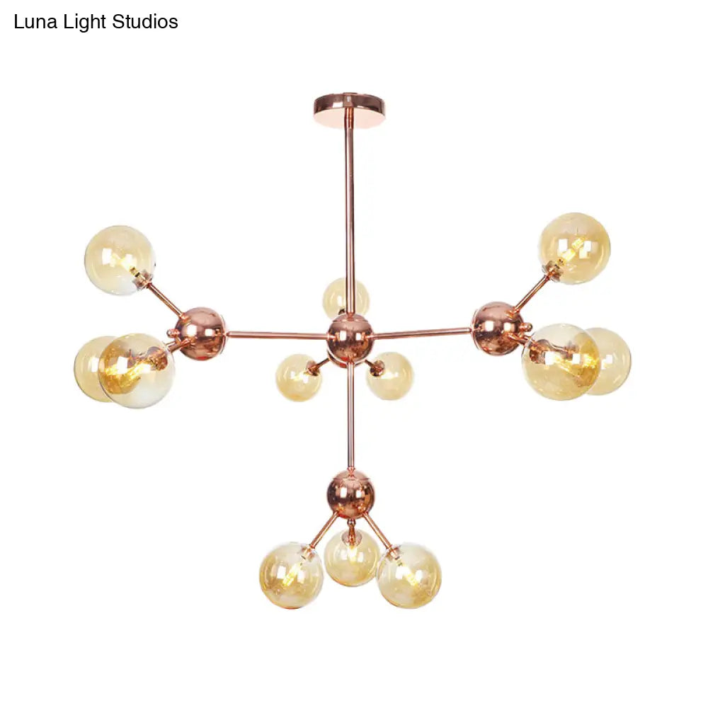 Vintage Copper Chandelier With Clear/Amber Glass Orb Shades - 3/9/12 Lights Branch Design