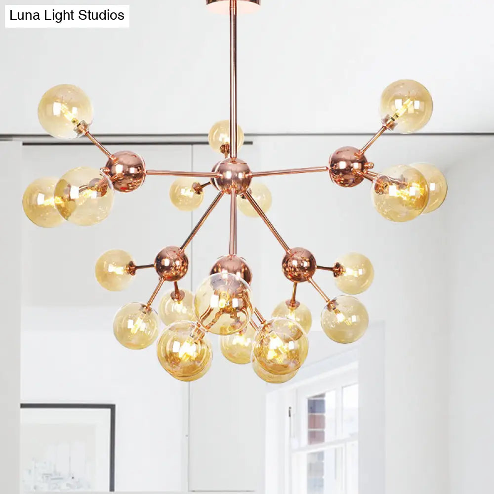 Vintage Copper Chandelier With Clear/Amber Glass Orb Shades - 3/9/12 Lights Branch Design