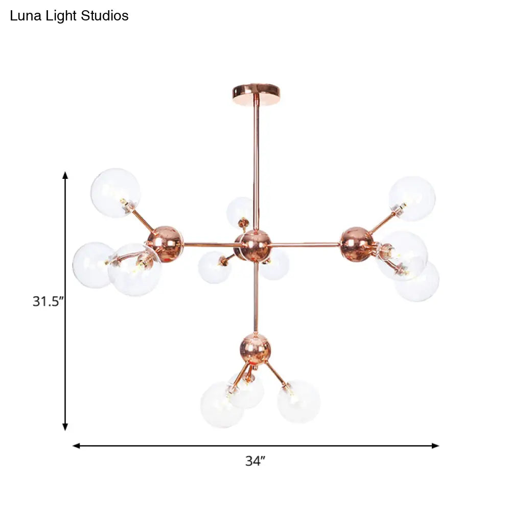 Vintage Copper Chandelier With Clear/Amber Glass Orb Shades - 3/9/12 Lights Branch Design