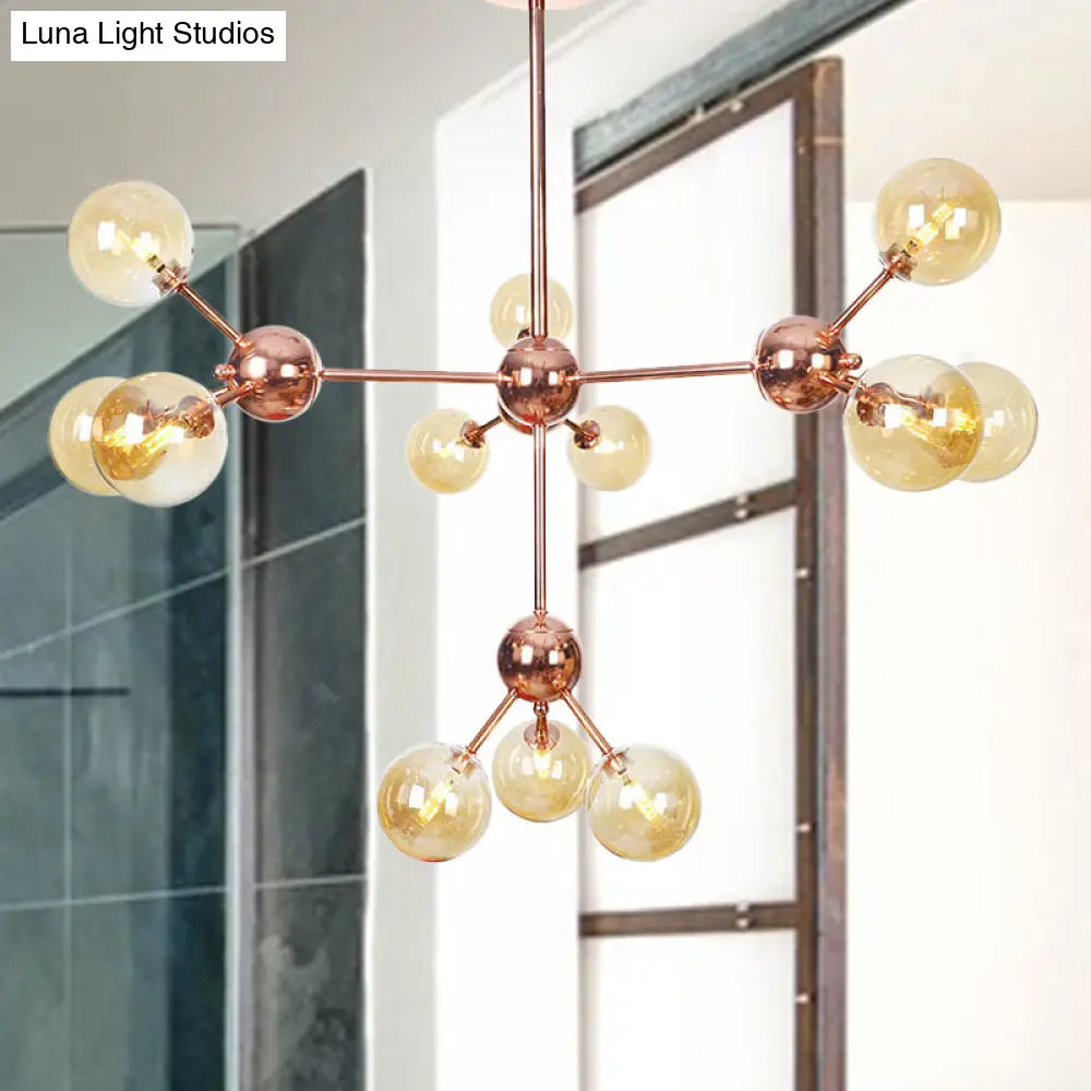 Vintage Copper Chandelier With Clear/Amber Glass Orb Shades - 3/9/12 Lights Branch Design