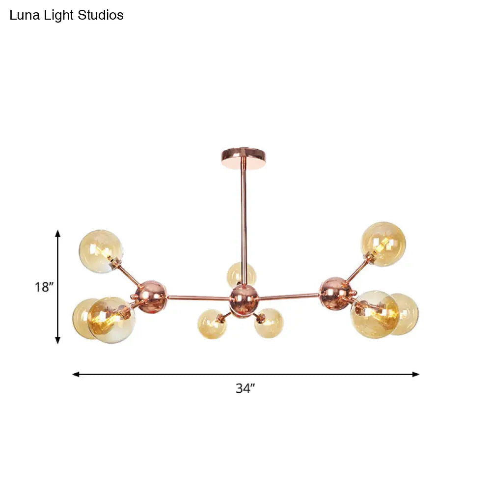Vintage Copper Chandelier With Clear/Amber Glass Orb Shades - 3/9/12 Lights Branch Design