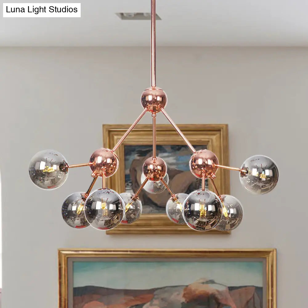 Vintage Copper Chandelier With Clear/Amber Glass Orb Shades - 3/9/12 Lights Branch Design