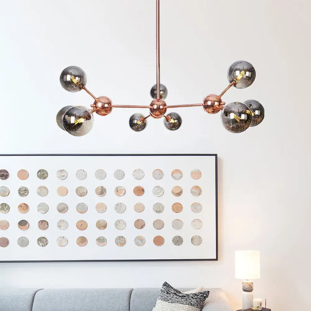 Vintage Copper Chandelier With Clear/Amber Glass Orb Shades - 3/9/12 Lights Branch Design