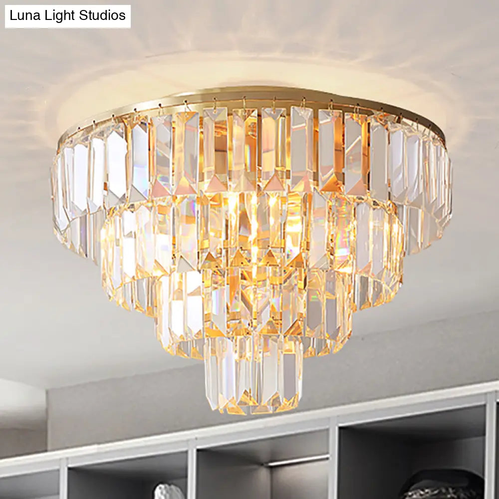 Vintage Crystal Block Flush Mount Lamp - 16’/19.5’ Dia 5/6 Heads Gold Finish
