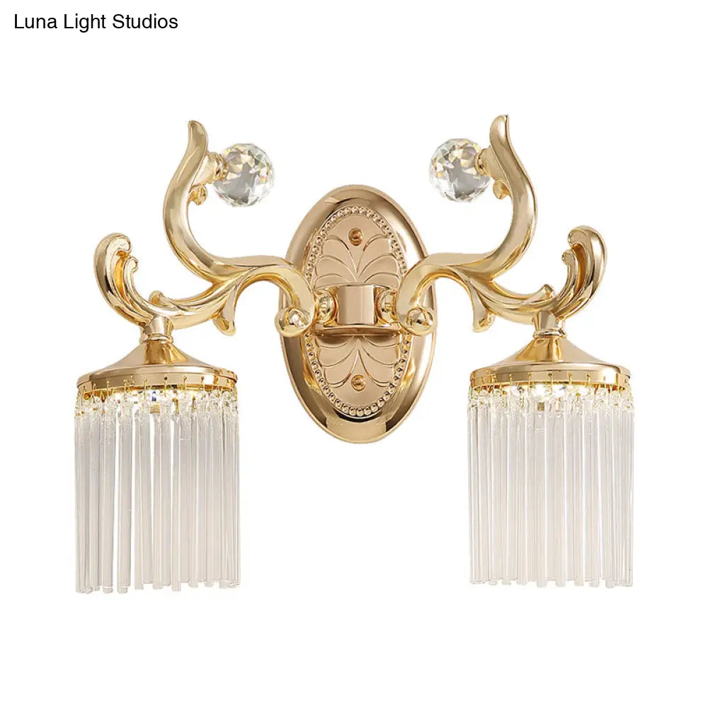 Vintage Crystal Wall Light With Gold Curved Arm & 1/2 Bulbs For Clear Pipe Lighting