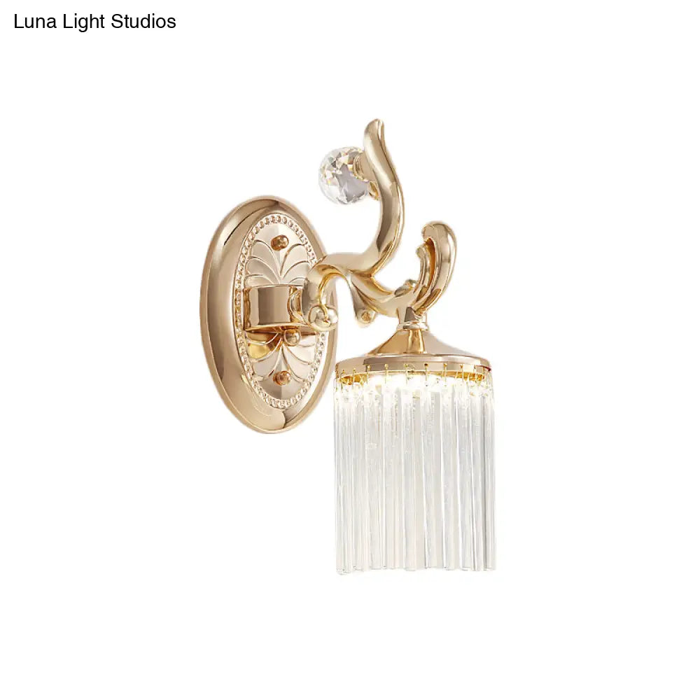 Vintage Crystal Wall Light With Gold Curved Arm & 1/2 Bulbs For Clear Pipe Lighting
