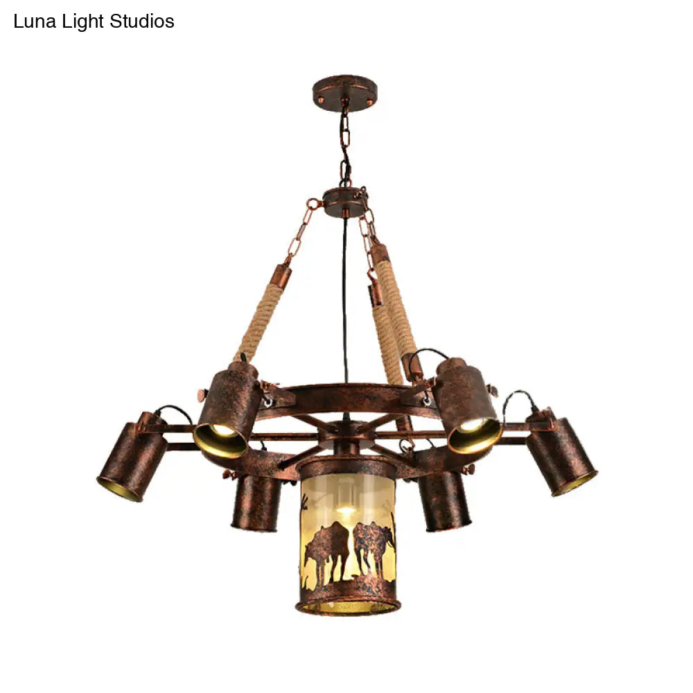 Vintage Cylinder Metal Chandelier - 4/7 Light Pendant In Weathered Copper For Dining Room Lighting
