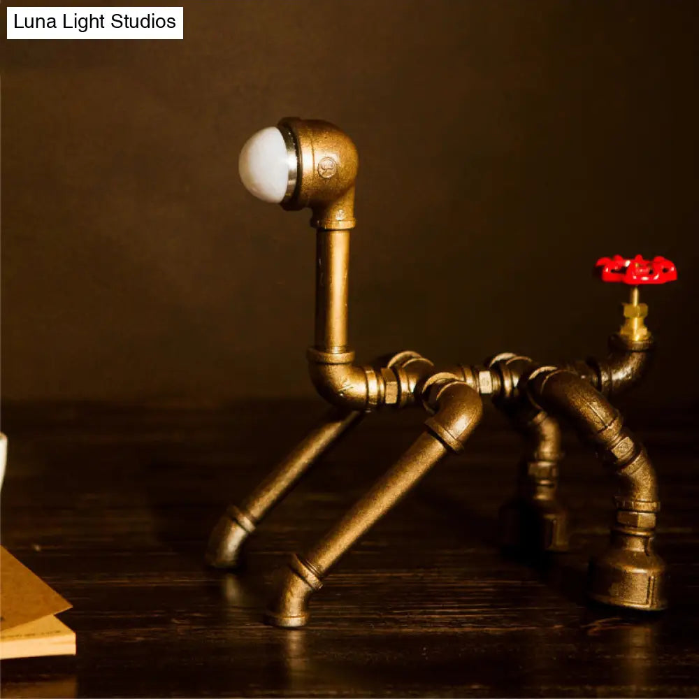 Vintage Dog Robot Small Brass Desk Lamp With Red Valve Deco - Ideal For Bedside