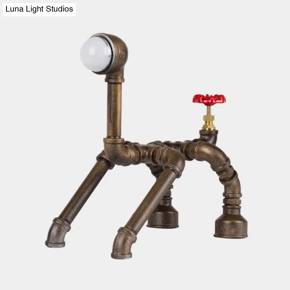 Vintage Dog Robot Small Brass Desk Lamp With Red Valve Deco - Ideal For Bedside