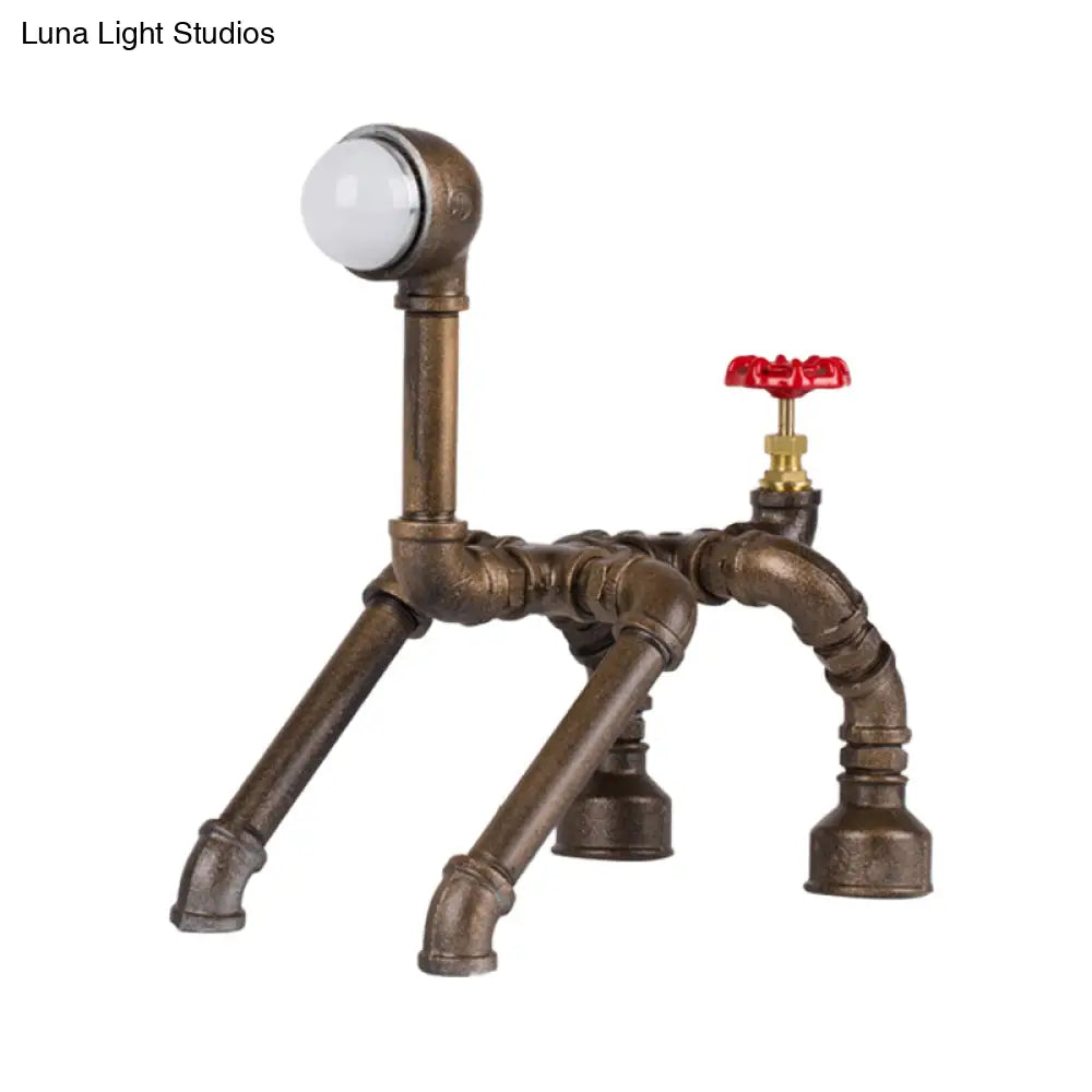 Vintage Dog Robot Small Brass Desk Lamp With Red Valve Deco - Ideal For Bedside