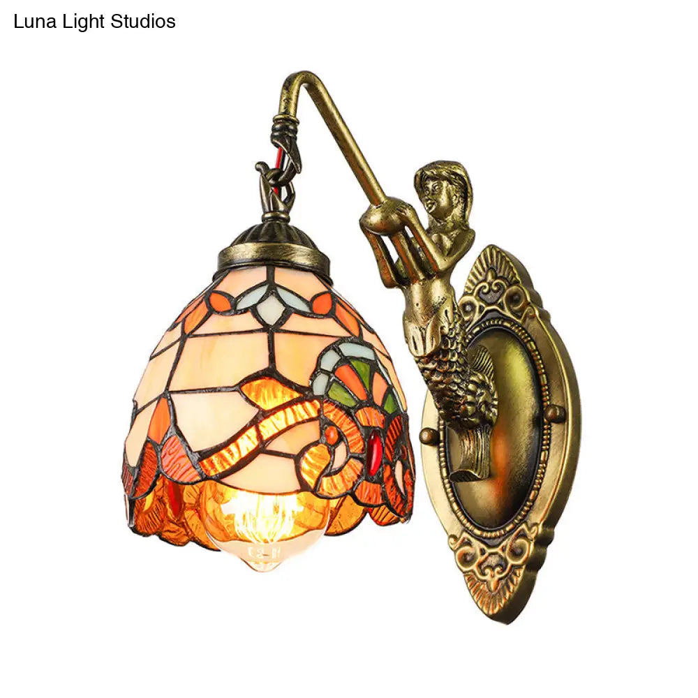 Vintage Dome Sconce Light 5.5 Width Stained Glass Fixture With Mermaid Design - 1