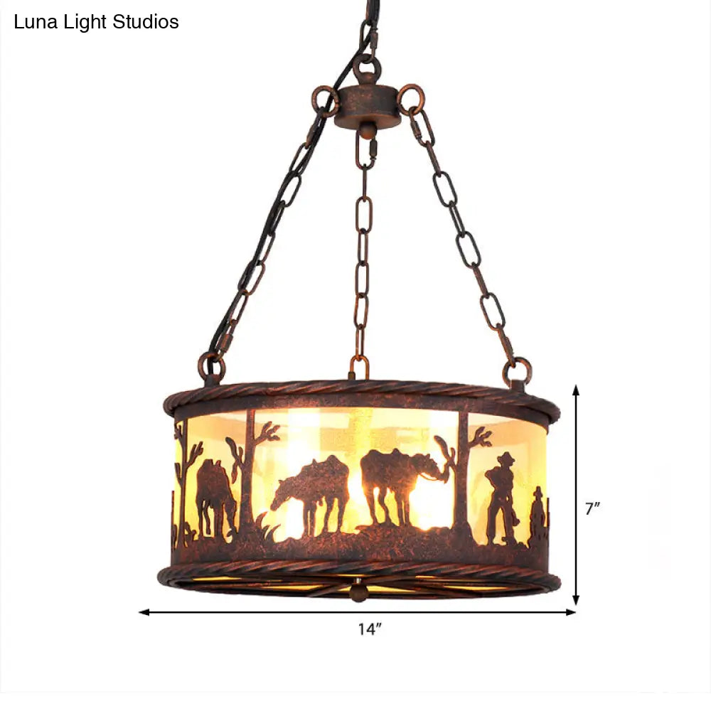 Vintage Drum Pendant Chandelier: 3-Bulb Metal & Fabric Ceiling Lamp With Animal Pattern - Rust