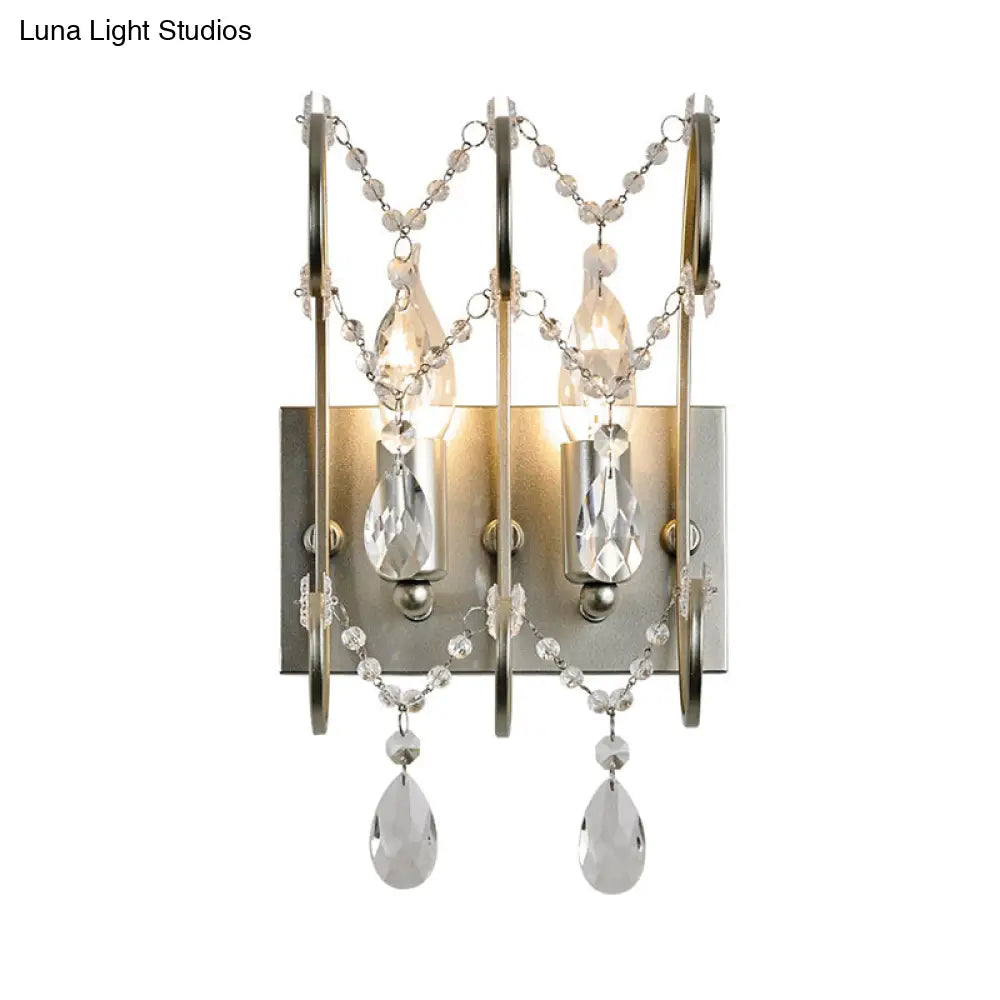 Vintage Exposed Sconce With Metallic Chrome Finish Clear Crystal Beads And 2 Bulbs For Living Room