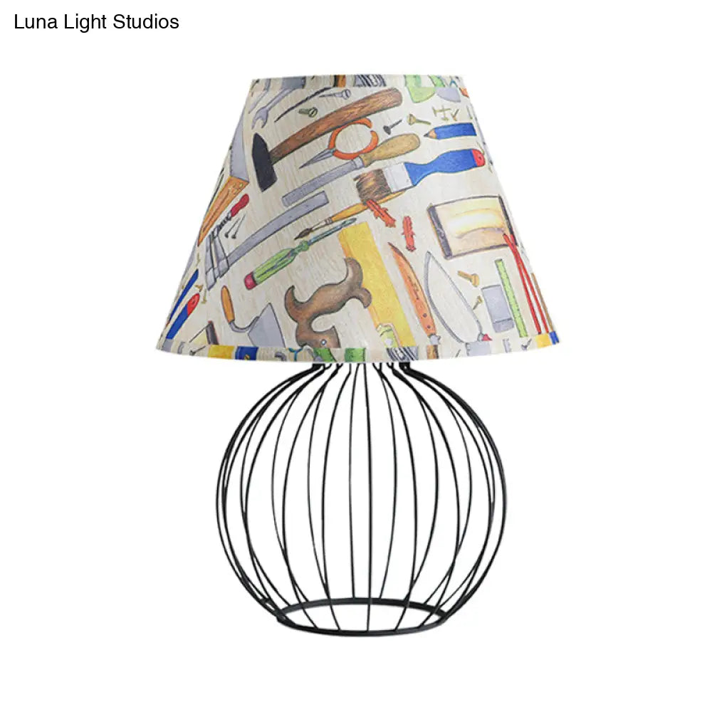 Vintage Fabric Black Nightstand Light With Orb Cage Base - Elegant Desk Lighting For Living Room And