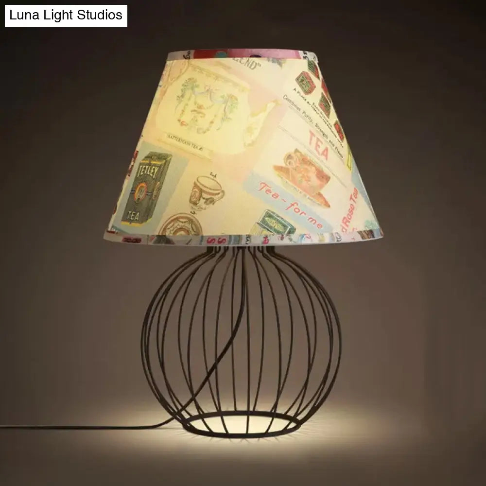 Vintage Fabric Black Nightstand Light With Orb Cage Base - Elegant Desk Lighting For Living Room And