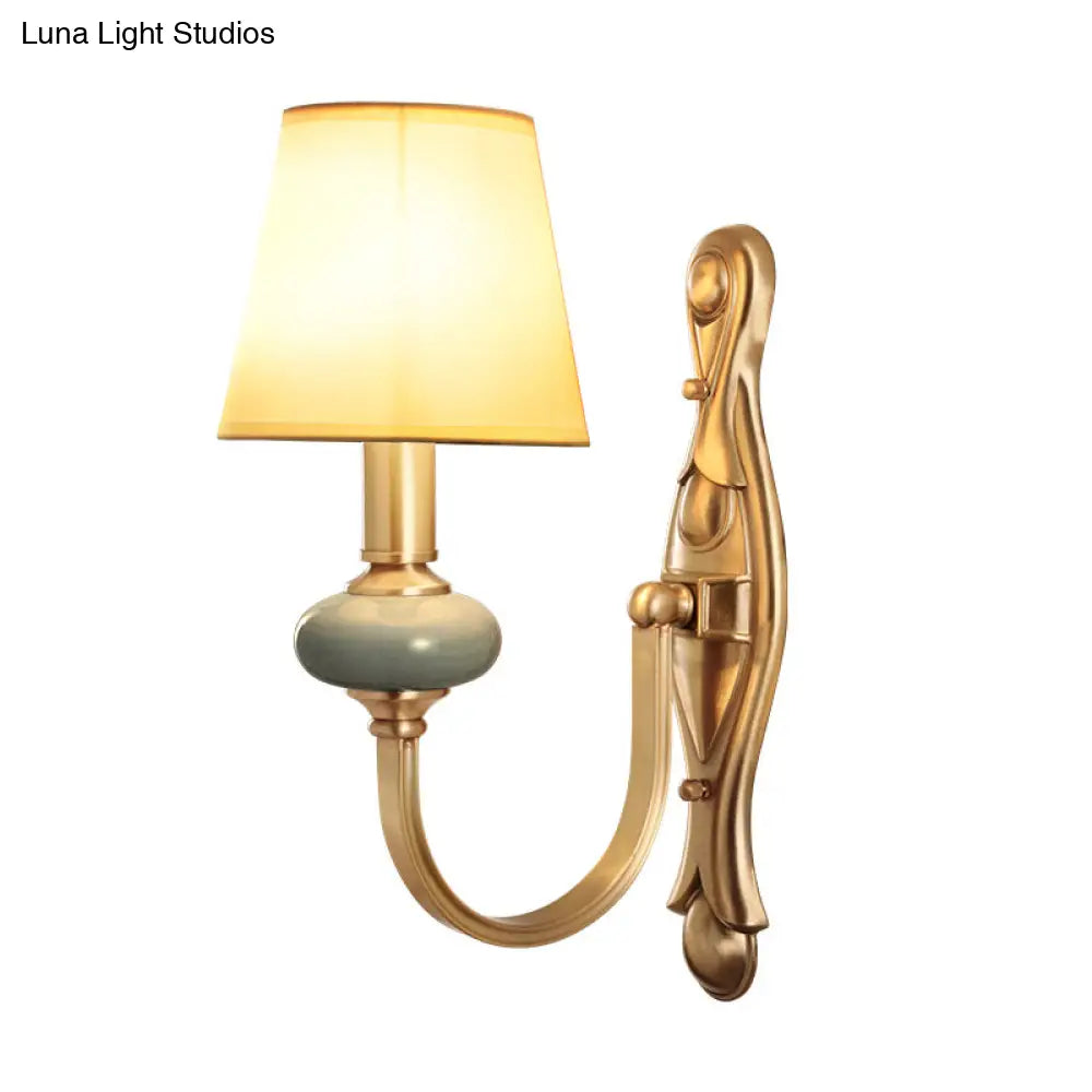 Vintage Fabric Brass Wall Sconce With Tapered Shade - 1 Light Mount Fixture For Living Room