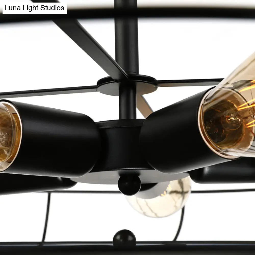 Vintage Fan Shaped 5-Light Iron Ceiling Light With Wire Cage Shade - Semi Flush Mount In Rust/Black