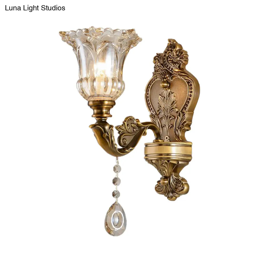 Vintage Floral Wall Sconce With Beveled Crystal Prism And Brass Finish