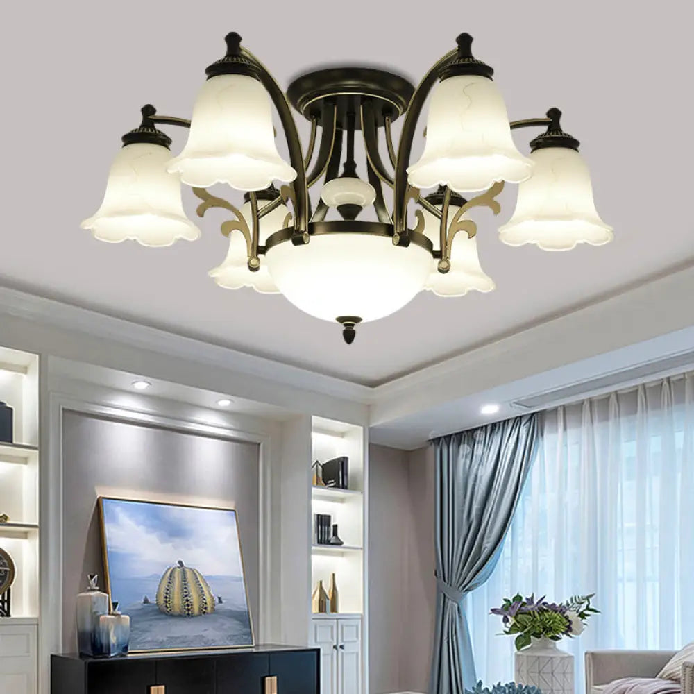 Vintage Floral White Glass Ceiling Lamp With 3/6/8 Lights For Dining Room - Semi Flush Mount In