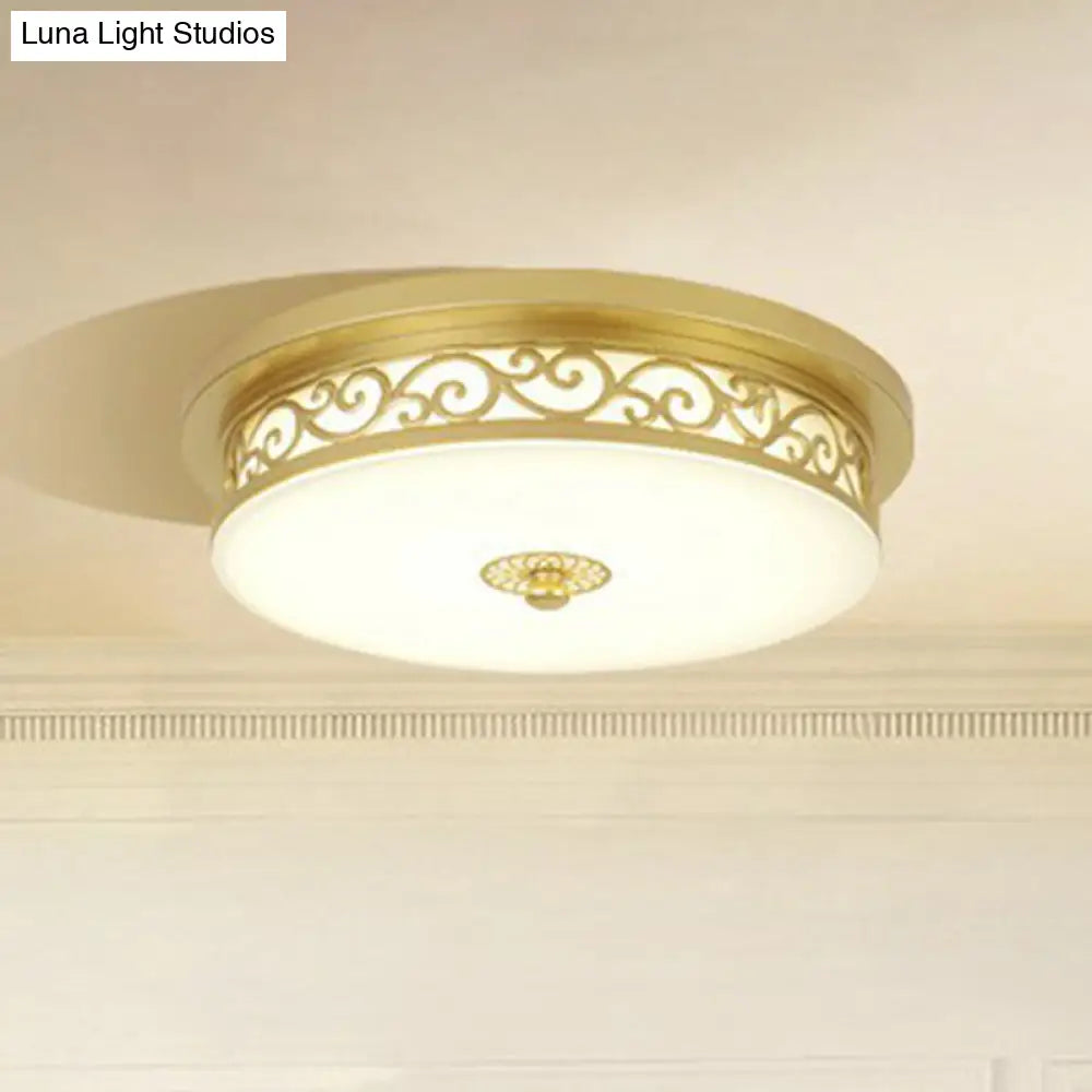 Vintage Frosted Glass Drum Led Ceiling Light - Flush Mount For Living Room
