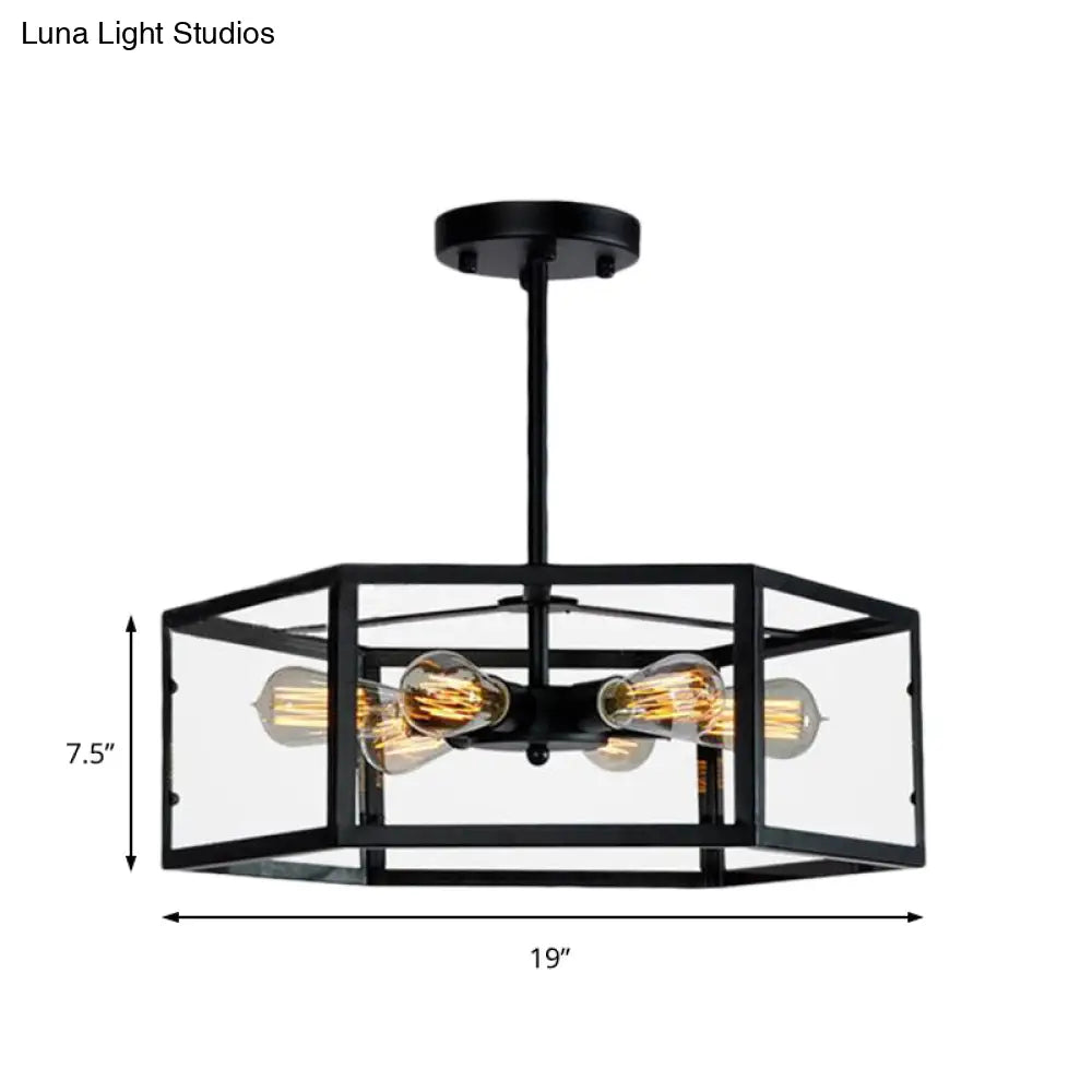 Vintage Geometric Clear Glass Ceiling Light With 6 Bulbs - Black Semi Flush Mount For Kitchen