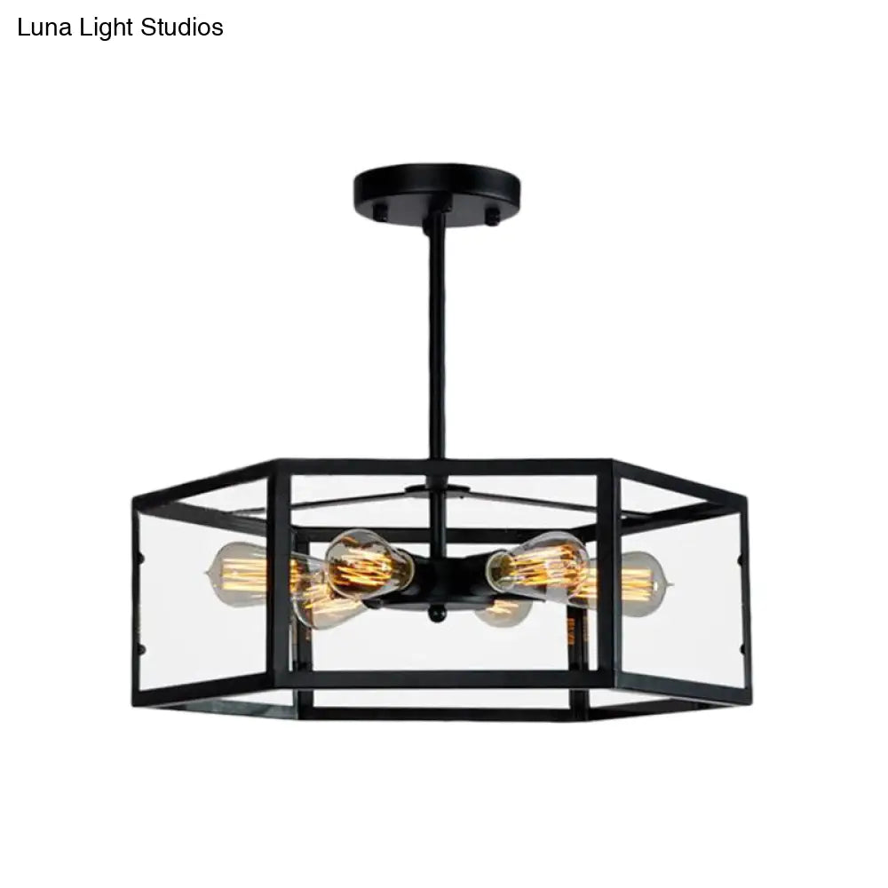 Vintage Geometric Clear Glass Ceiling Light With 6 Bulbs - Black Semi Flush Mount For Kitchen