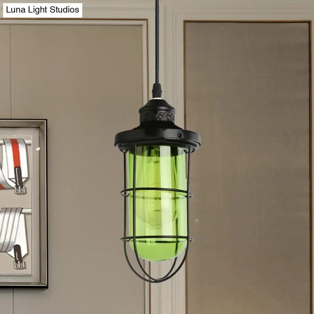 Vintage Glass Caged Pendant Light In Black - Single-Bulb Hanging Ceiling Fixture For Living Room