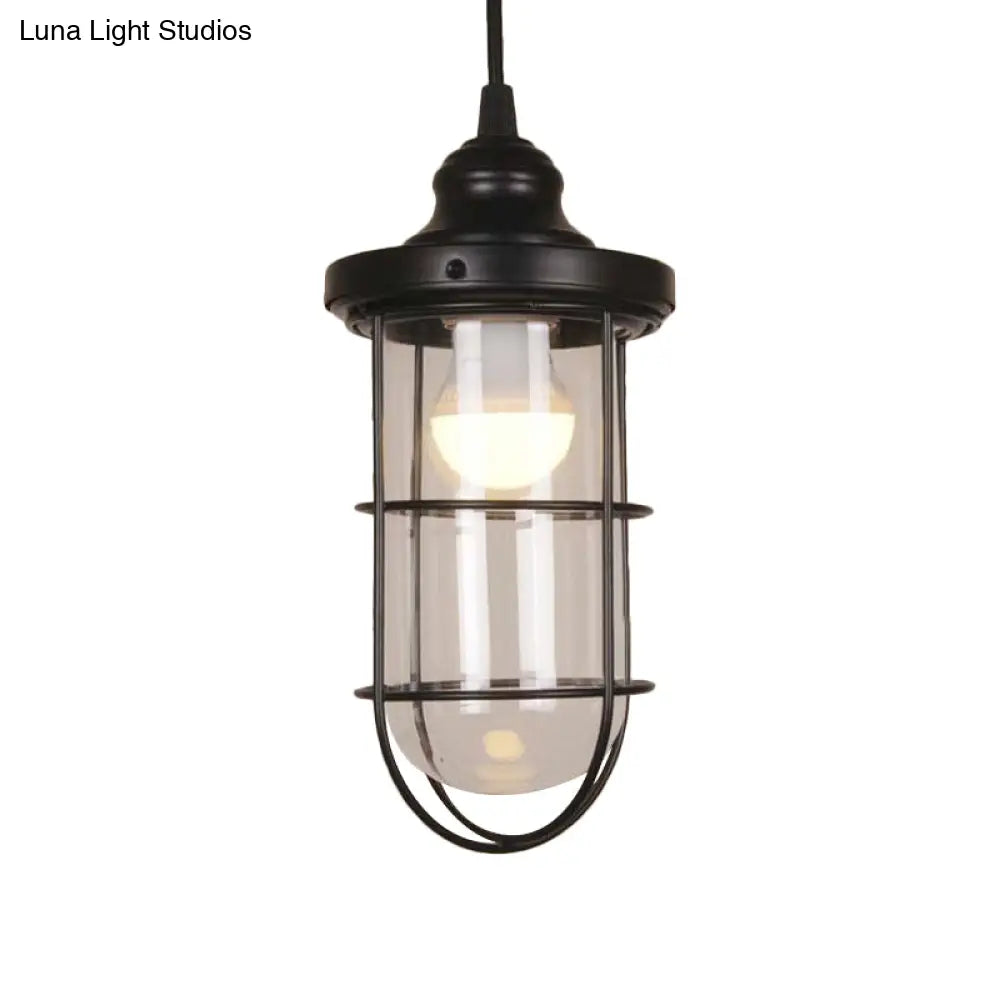 Vintage Glass Caged Pendant Light In Black - Single-Bulb Hanging Ceiling Fixture For Living Room