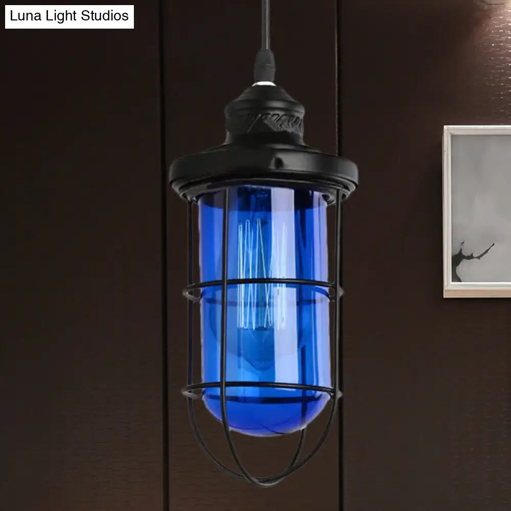 Vintage Glass Caged Pendant Light In Black - Single-Bulb Hanging Ceiling Fixture For Living Room