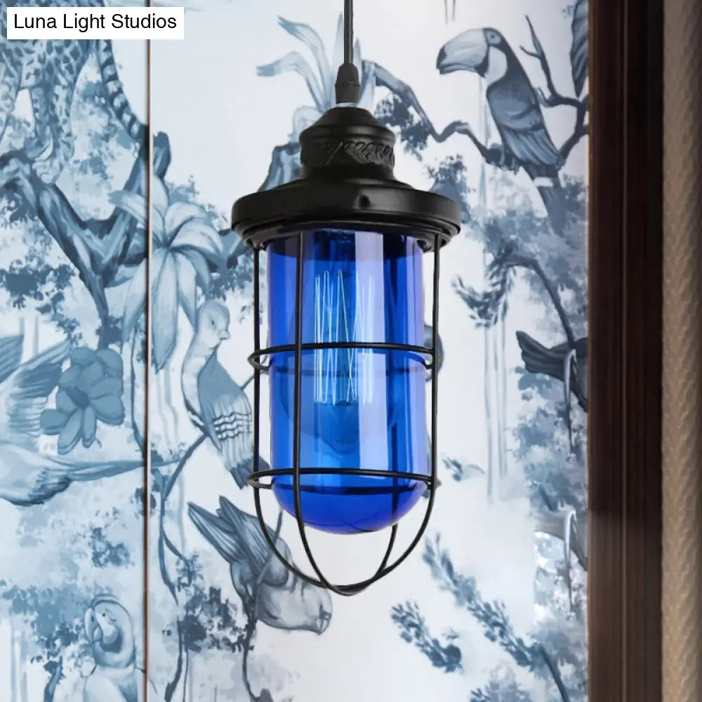 Vintage Glass Caged Pendant Light In Black - Single-Bulb Hanging Ceiling Fixture For Living Room