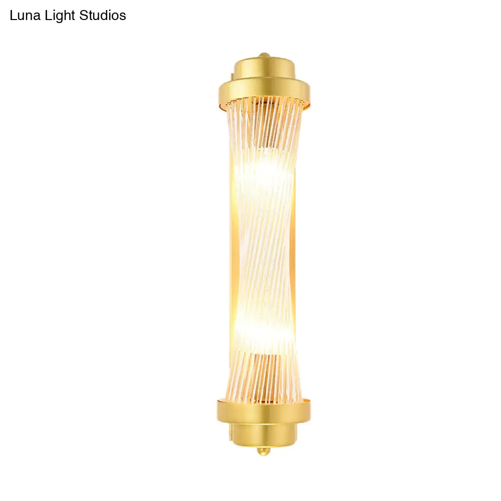Vintage Gold Cylinder Wall Sconce With Clear Glass And Dual Led Lights For Bedroom