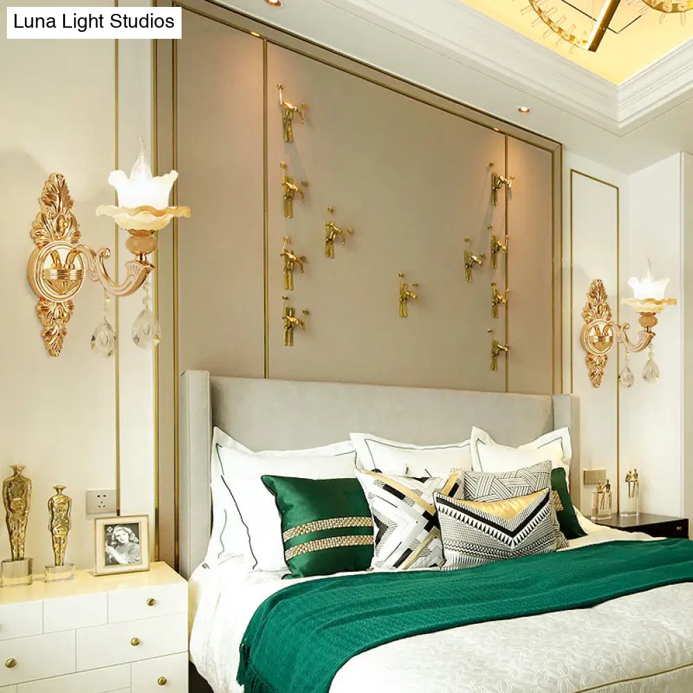 Vintage Gold Frosted Glass Lotus Wall Sconce For Living Room Lighting