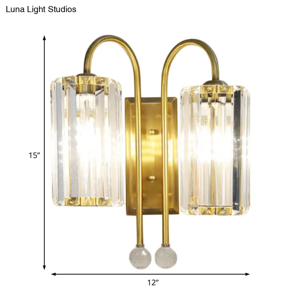 Vintage Gold Metal Gooseneck Wall Light With Clear Crystal Shade - Cylindrical 1/2-Bulb Sconce