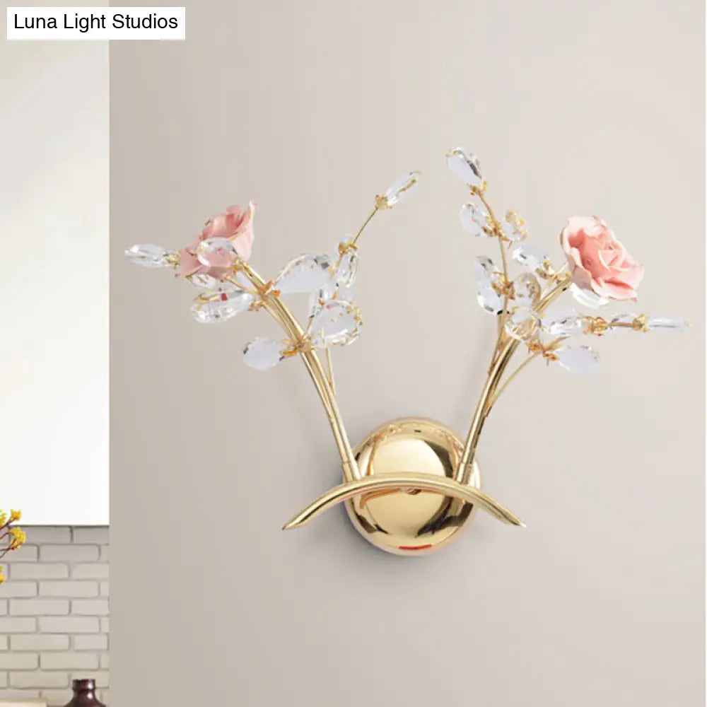 Vintage Gold Metal Wall Sconce Lamp With Rose Design Crystal Leaf And 2 Lights For Living Room