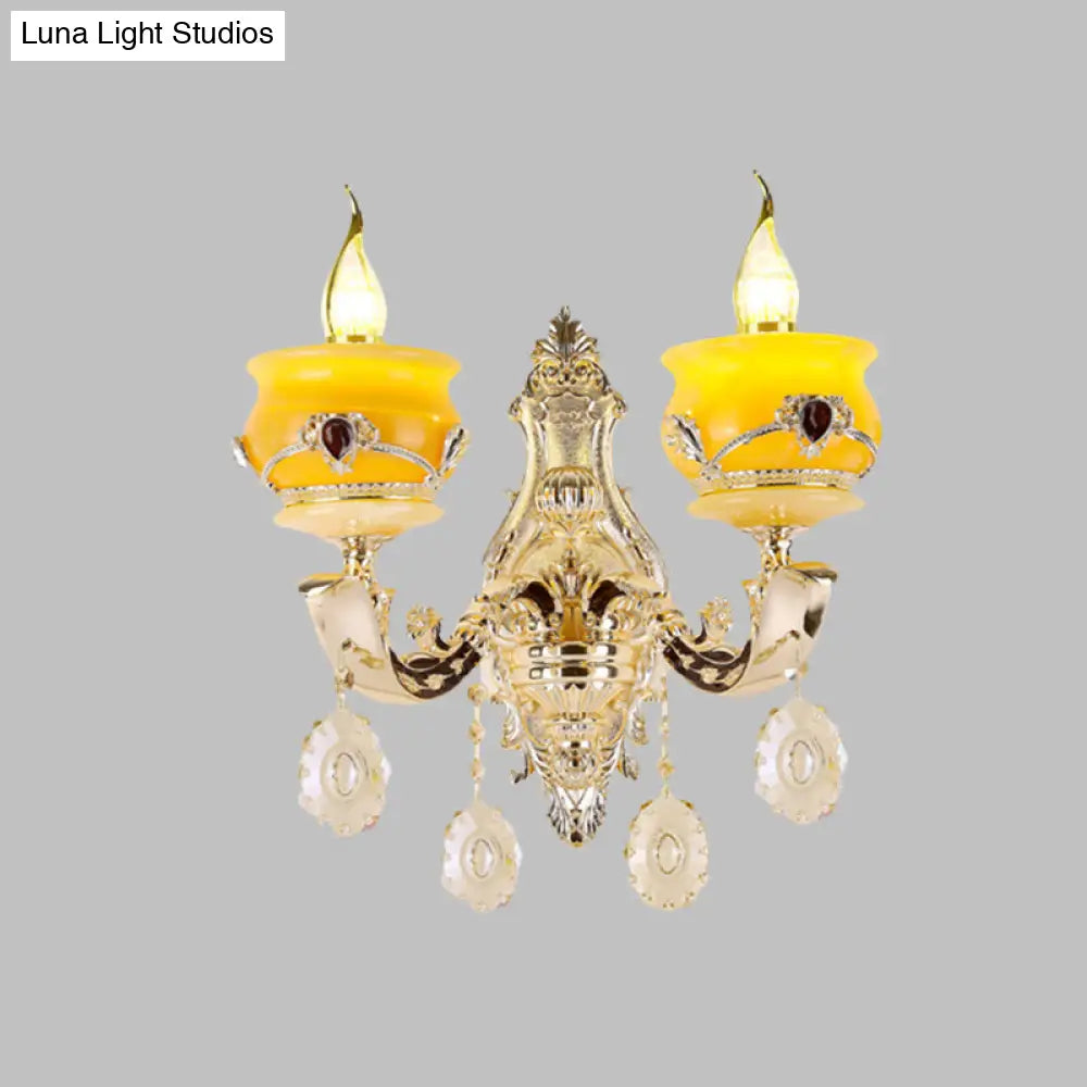 Vintage Gold Wall Sconce With Crystal Drop - Candlestick Jade Lamp For Bedroom