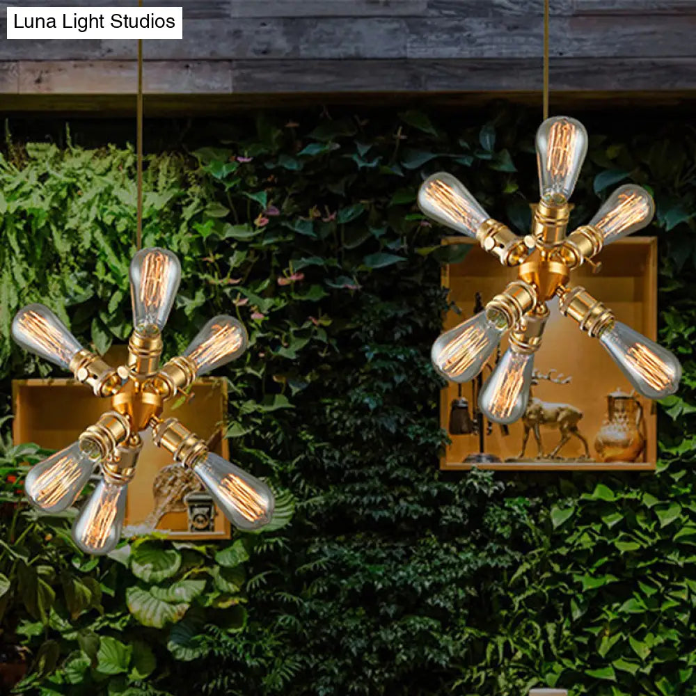 Vintage Industrial Brass Chandelier With 6 Bare Bulb Heads - Perfect For Bars