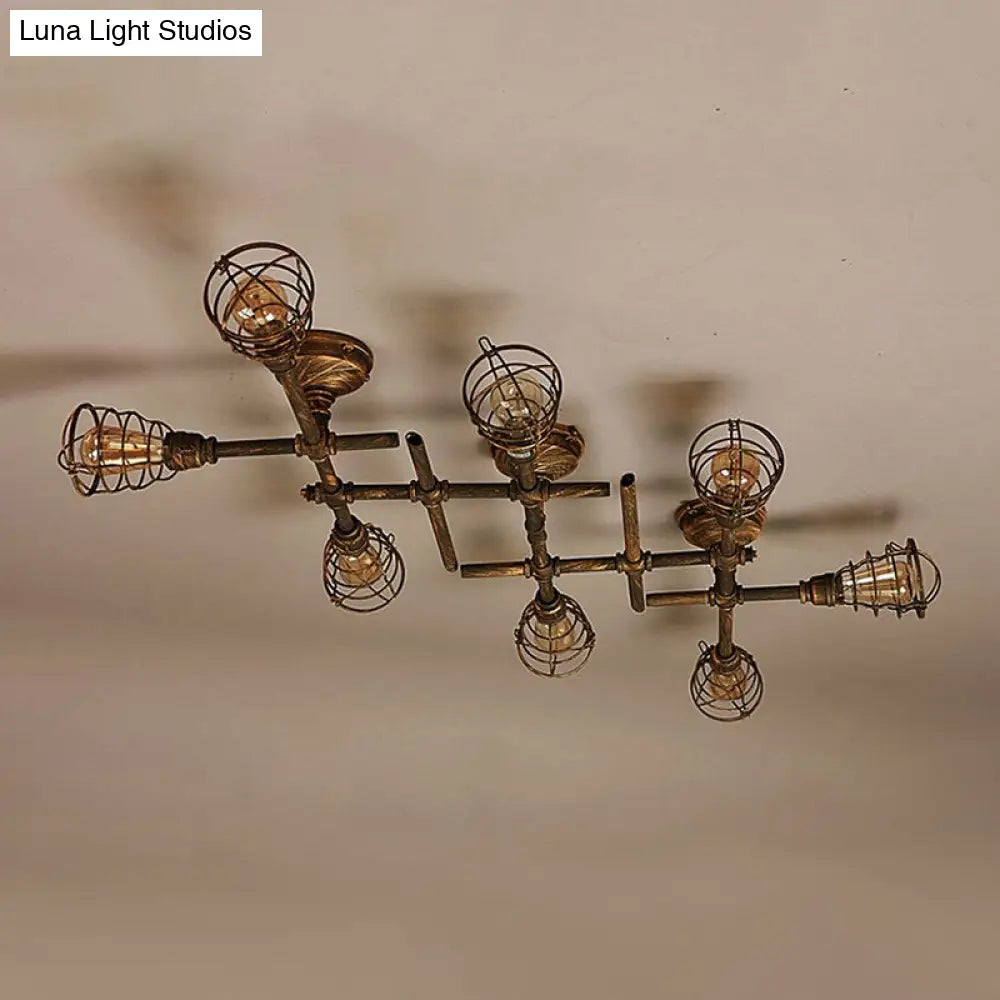 Vintage Industrial Brass Wire Cage Semi-Flush Light With Pipe - 4/6/8 Heads For Living Room Ceiling