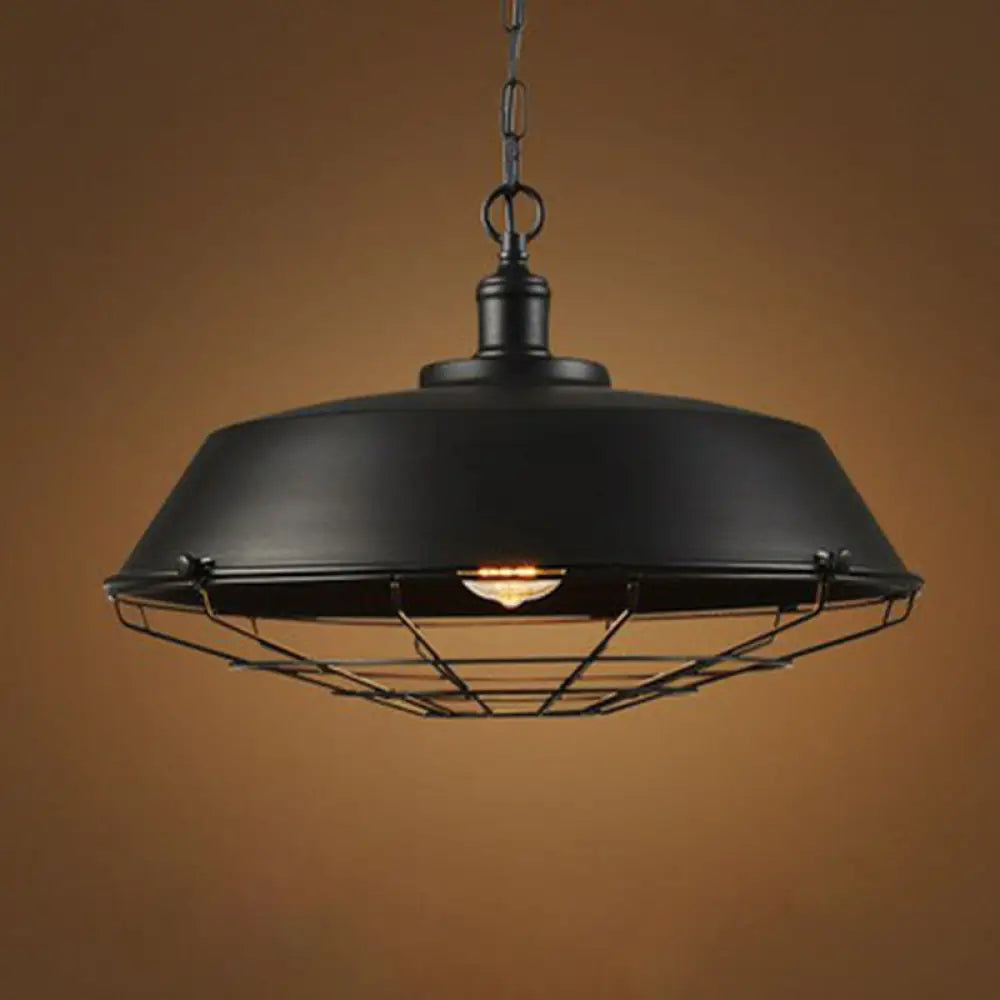 Vintage Industrial Hanging Lamp - Iron Lighting Pendant With Cage Bottom In Black