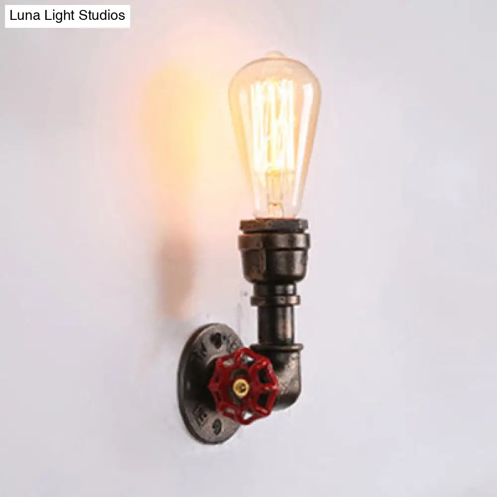 Vintage Industrial Wall Sconce Light: Metallic Bronze Finish With Red Valve Décor