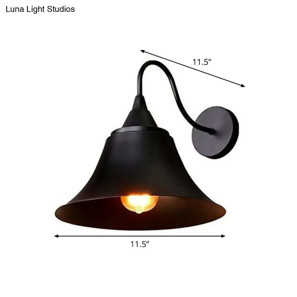 Vintage Iron 1-Light Trumpet Wall Lamp - Black Curved Arm For Living Room Lighting