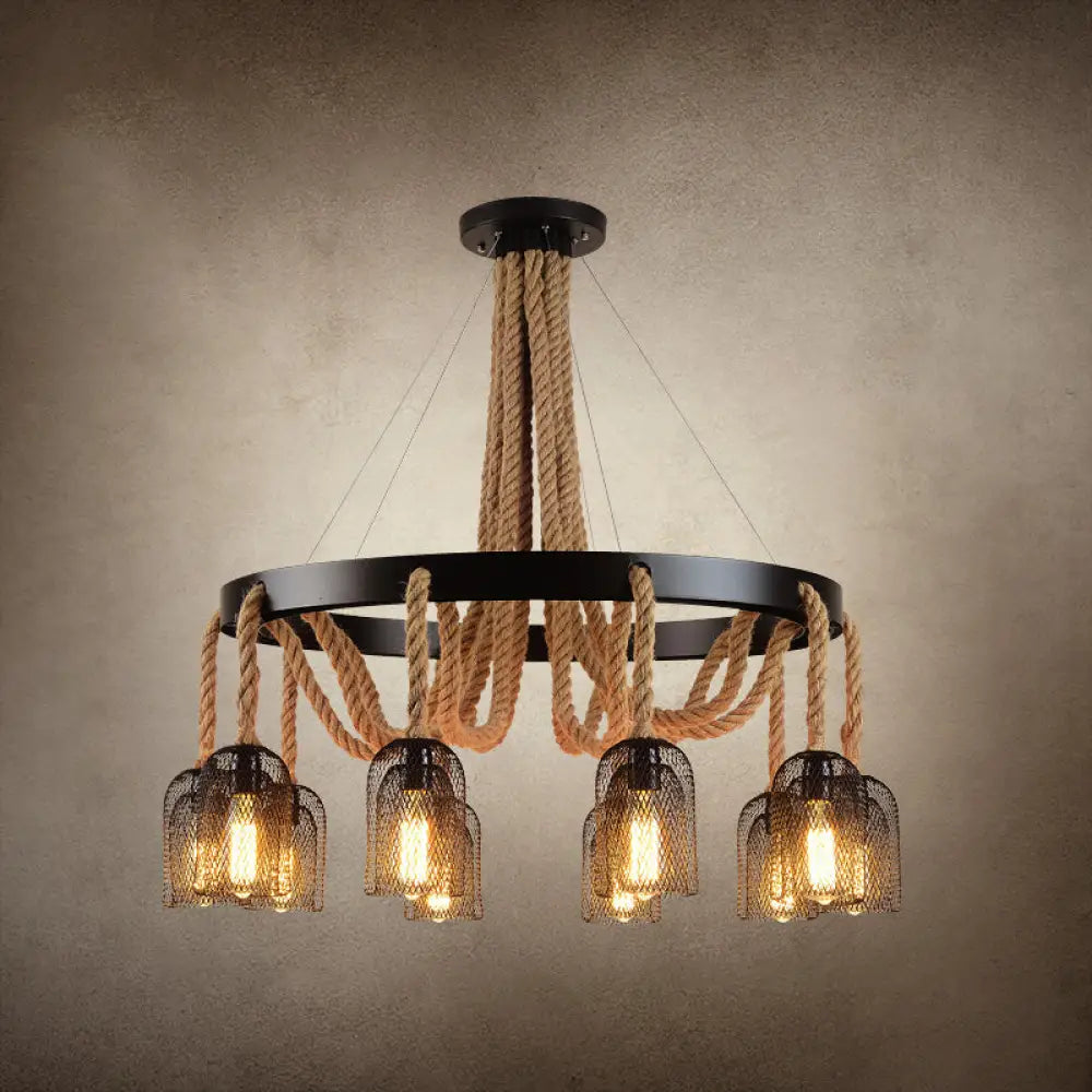 Vintage Iron Chandelier Pendant Light With Rope Detail For Restaurants - Black 10 /