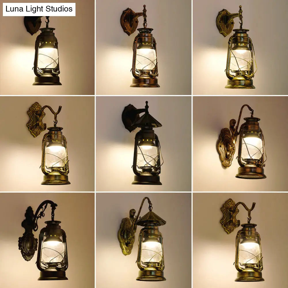 Vintage Iron Kerosene Lantern Wall Light Fixture For Restaurants - 1-Light